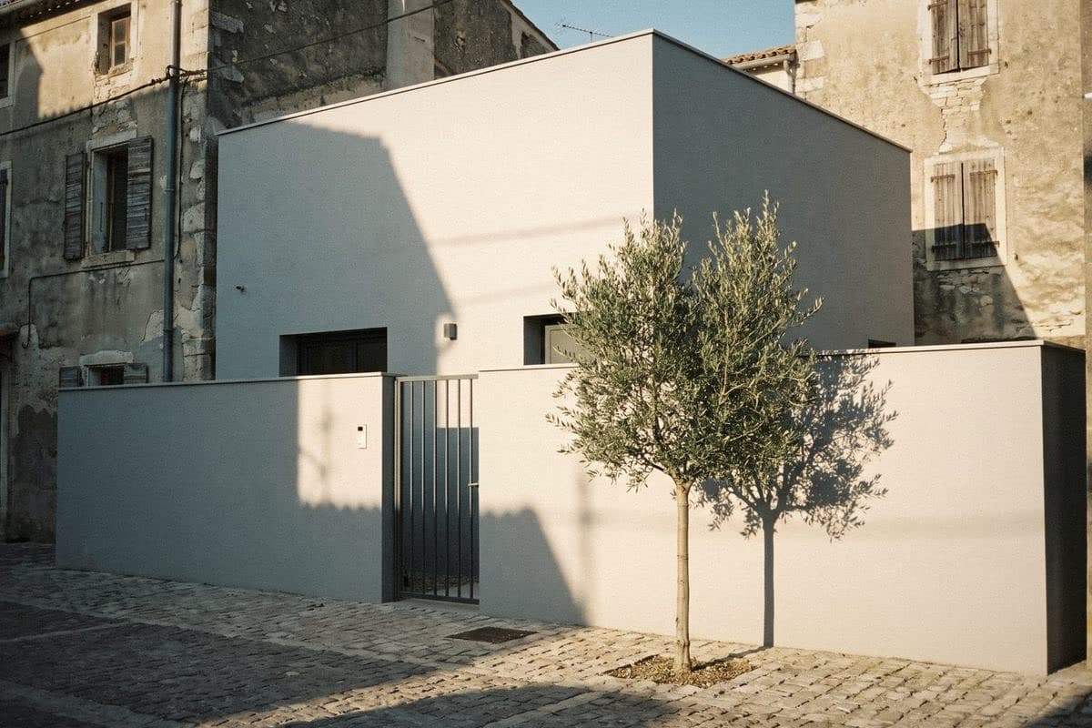 A modern house and its front wall in the same pale grey, with a black slatted gate and an olive tree