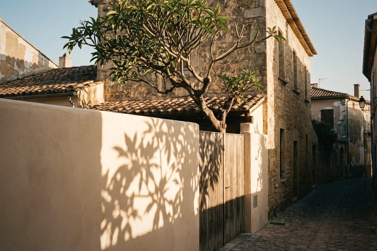 A smooth warm cream wall with a wooden gate and leaf shadows, a frangipani leaning over from the garden