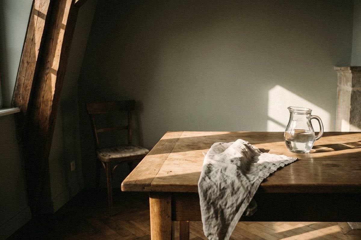 Dining room with a pale grey-green wall in sunlight, an old wooden table with a glass jug and linen cloth