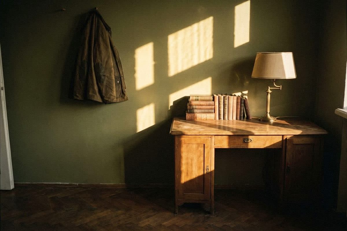 Olive-green study wall in window light, with a wooden desk, old books, a brass lamp and a hanging jacket