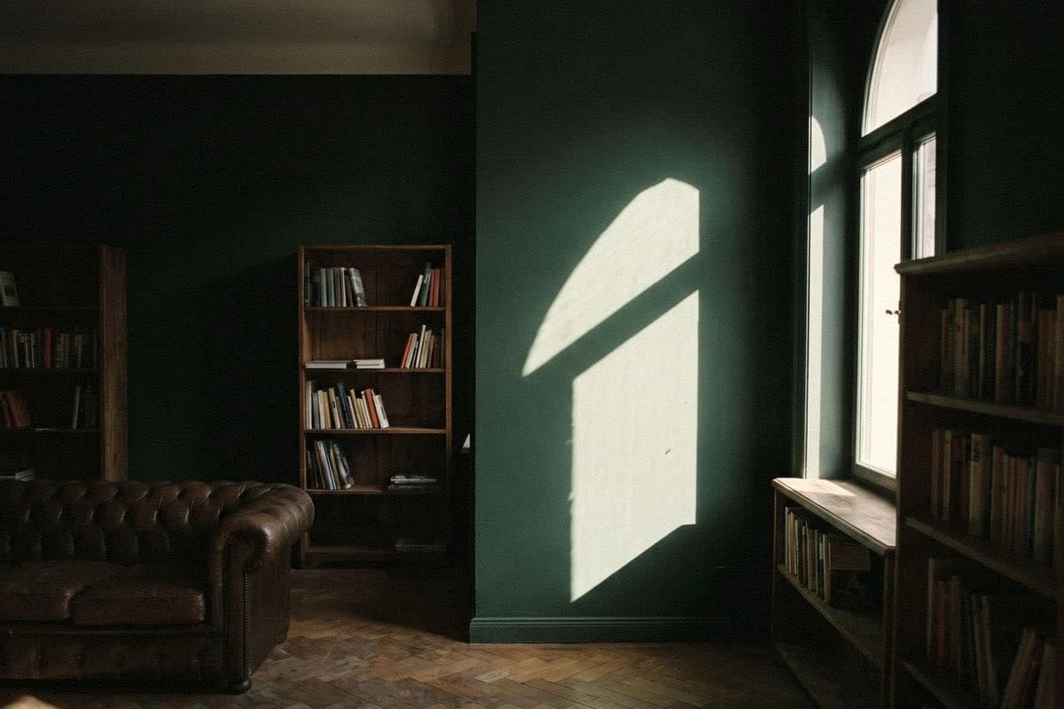 Library with deep forest-green walls, wooden bookshelves, a leather Chesterfield and an arched window's light
