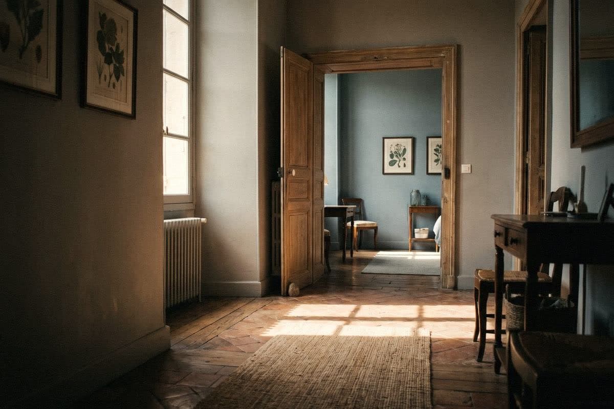 A warm grey hallway looking through a wooden door into a room with cool blue-grey walls, a jute rug underfoot