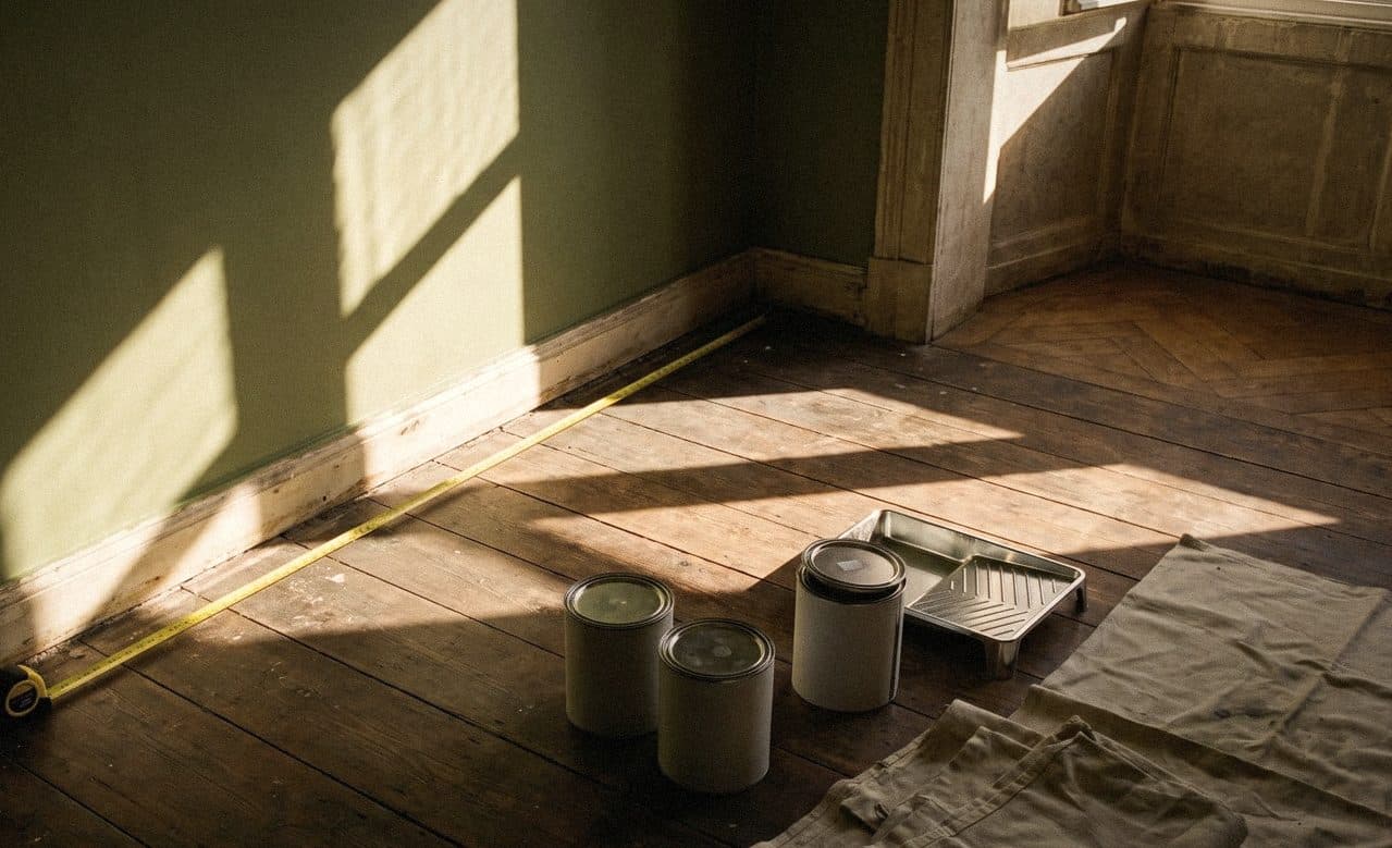 Sunlit room with a sage green wall, a tape measure along the skirting, paint tins, a roller tray and a dust sheet