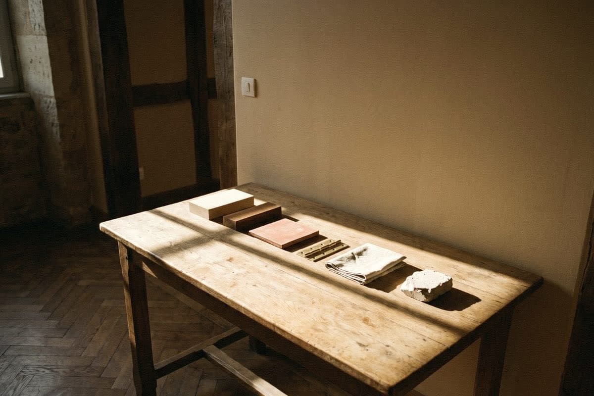 Material samples of wood, terracotta tile, brass hinge, linen and stone laid out on a rustic table by a beige wall