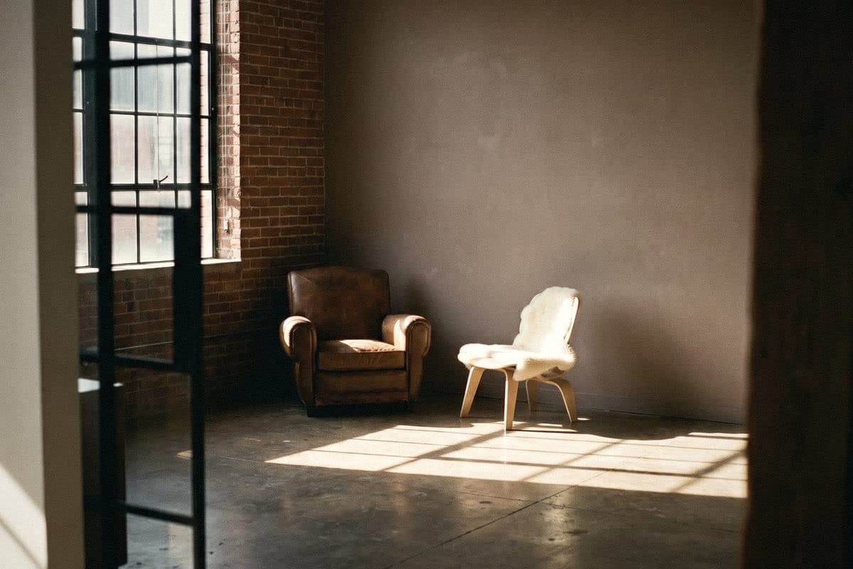 A loft with exposed brick, steel-framed windows, a concrete floor, a leather armchair and a plywood chair