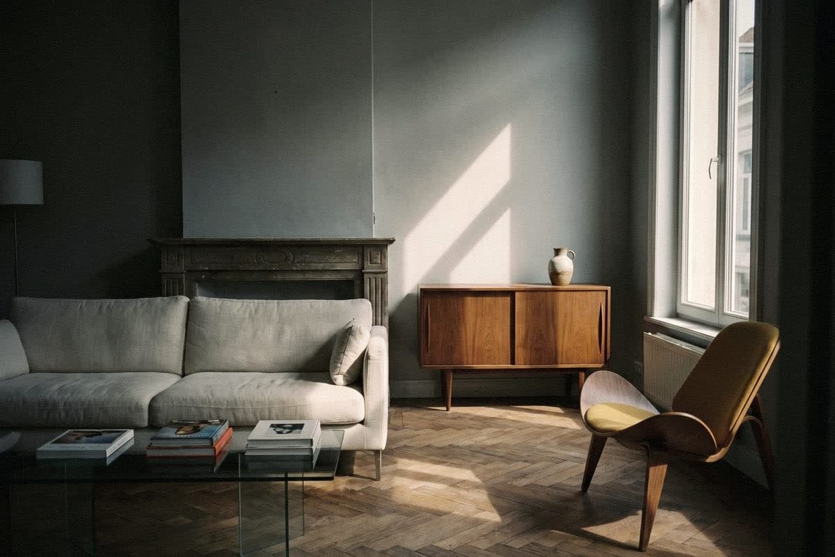 A grey-walled living room with a linen sofa, teak sideboard and a mid-century shell chair in mustard