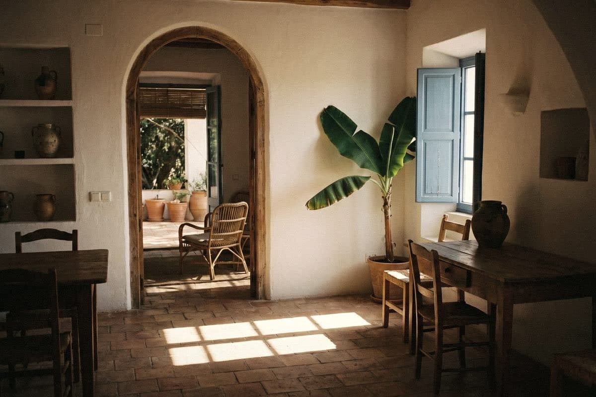 A Mediterranean room with white lime walls, an arched doorway, terracotta floor tiles, blue shutters and a banana plant