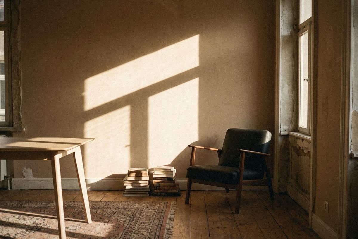 A warm sand-coloured wall with a mid-century armchair, a pale wooden table, a patterned rug and stacked books