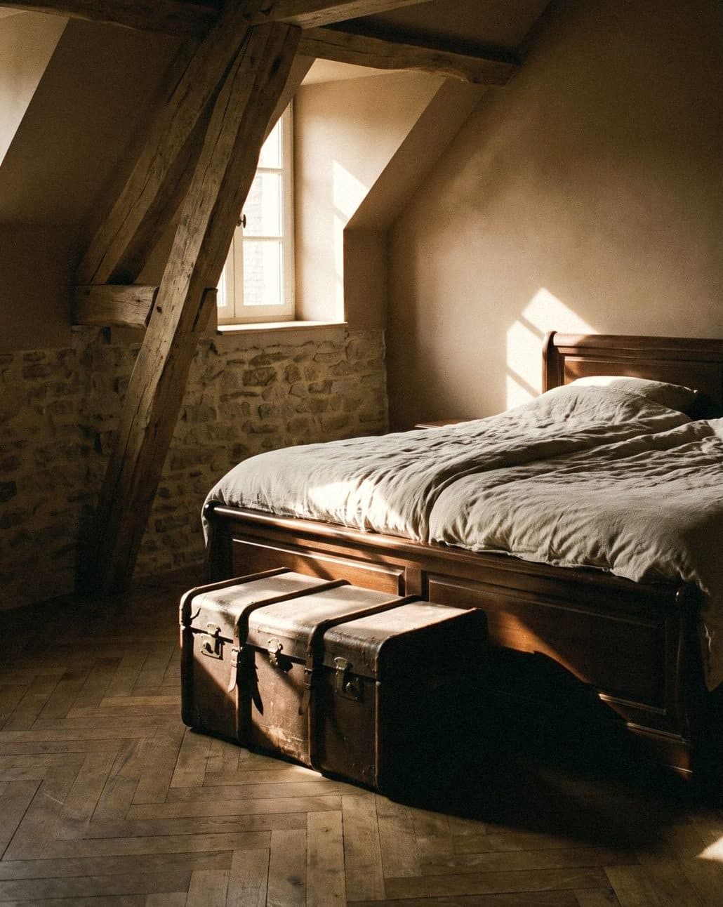 An attic bedroom with warm sandy brown walls, old timber beams, a linen-made bed and a leather trunk