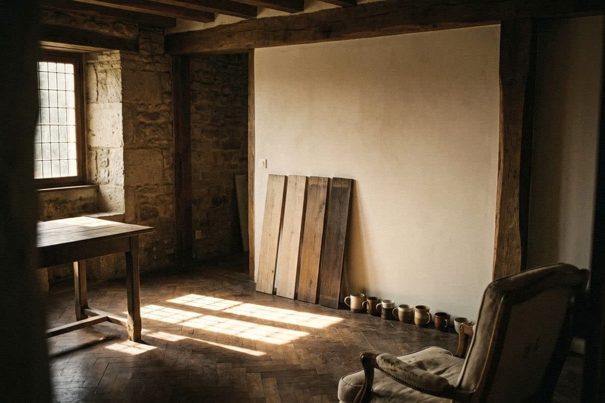 A room with stone and cream walls, wooden boards from light to dark and brown ceramic mugs in a row