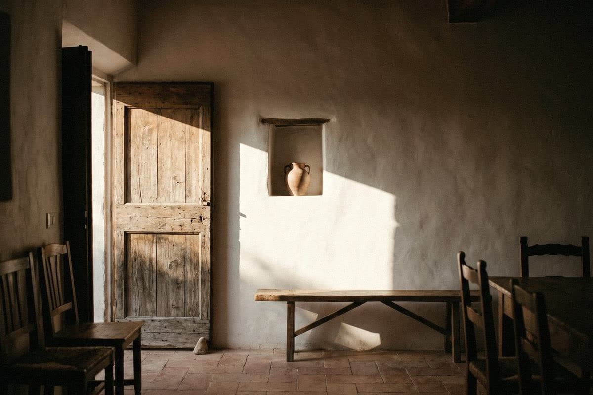 Rustic dining room with a chalky, uneven off-white lime wall, a niche with a clay jug, an old timber door and bench