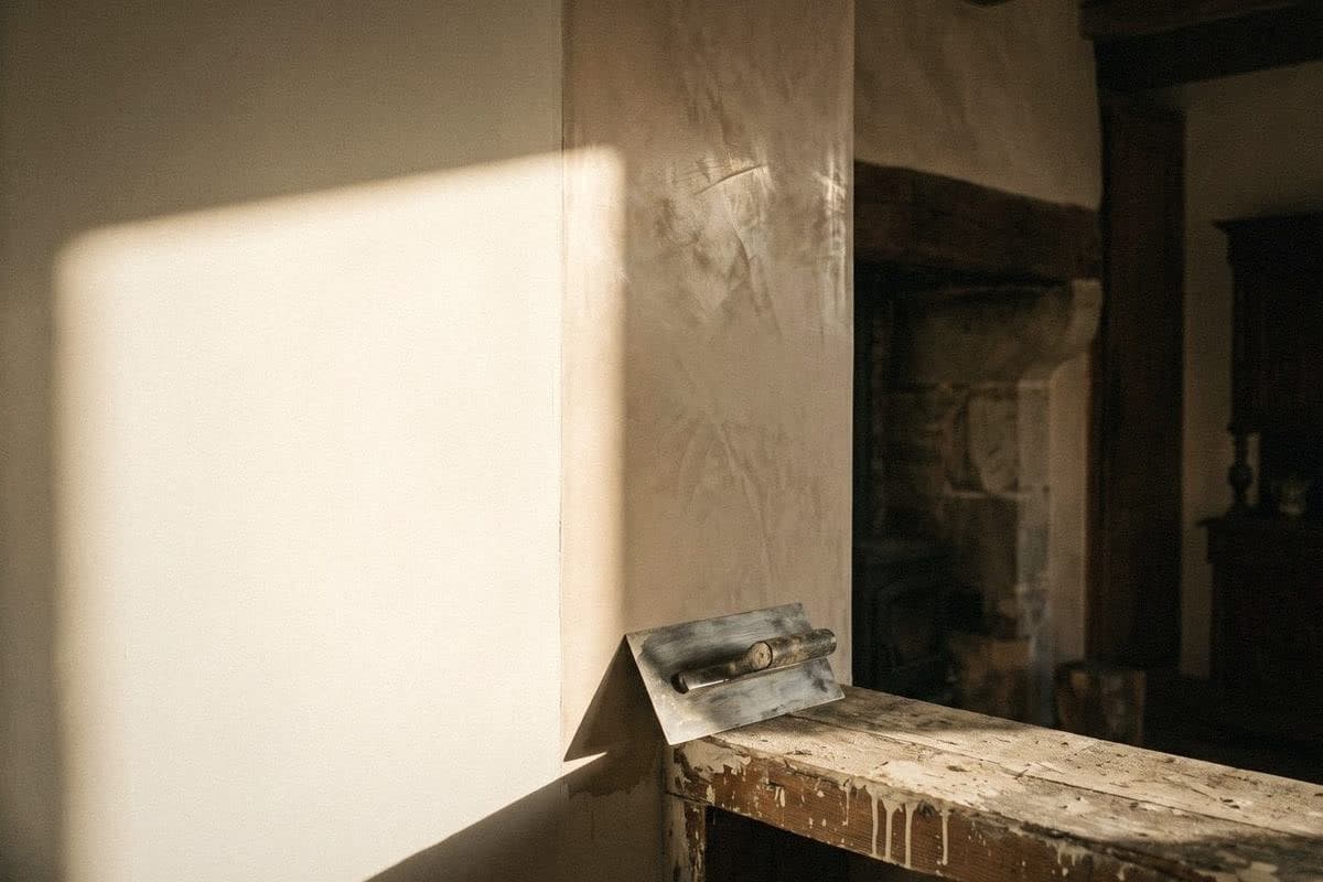 Polished cream plaster wall with glossy Venetian-style trowel marks, a steel trowel on a plaster-spattered workbench