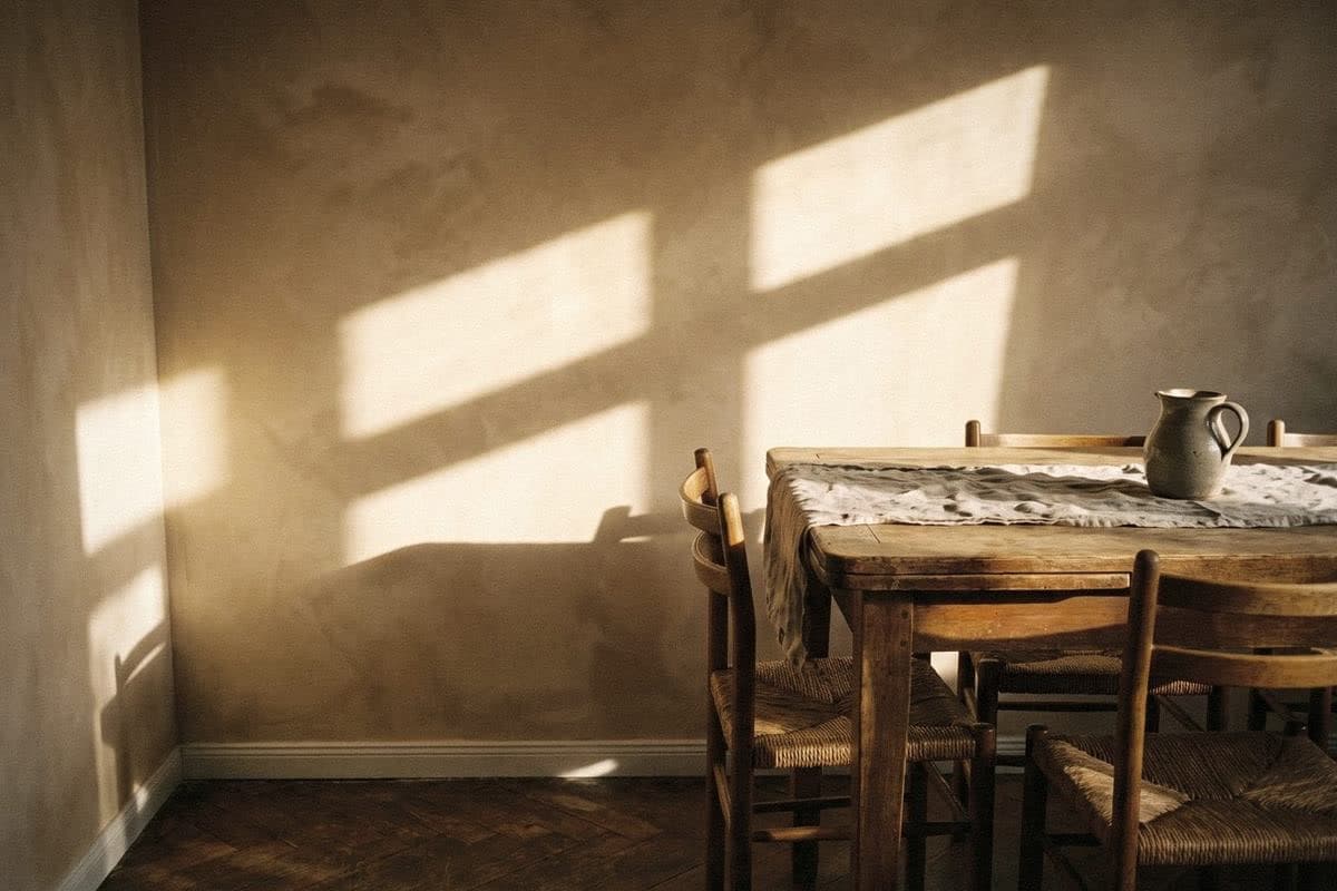 Dining room with a warm beige softly mottled wall in window light, a wood table with lace runner, jug and rush chairs