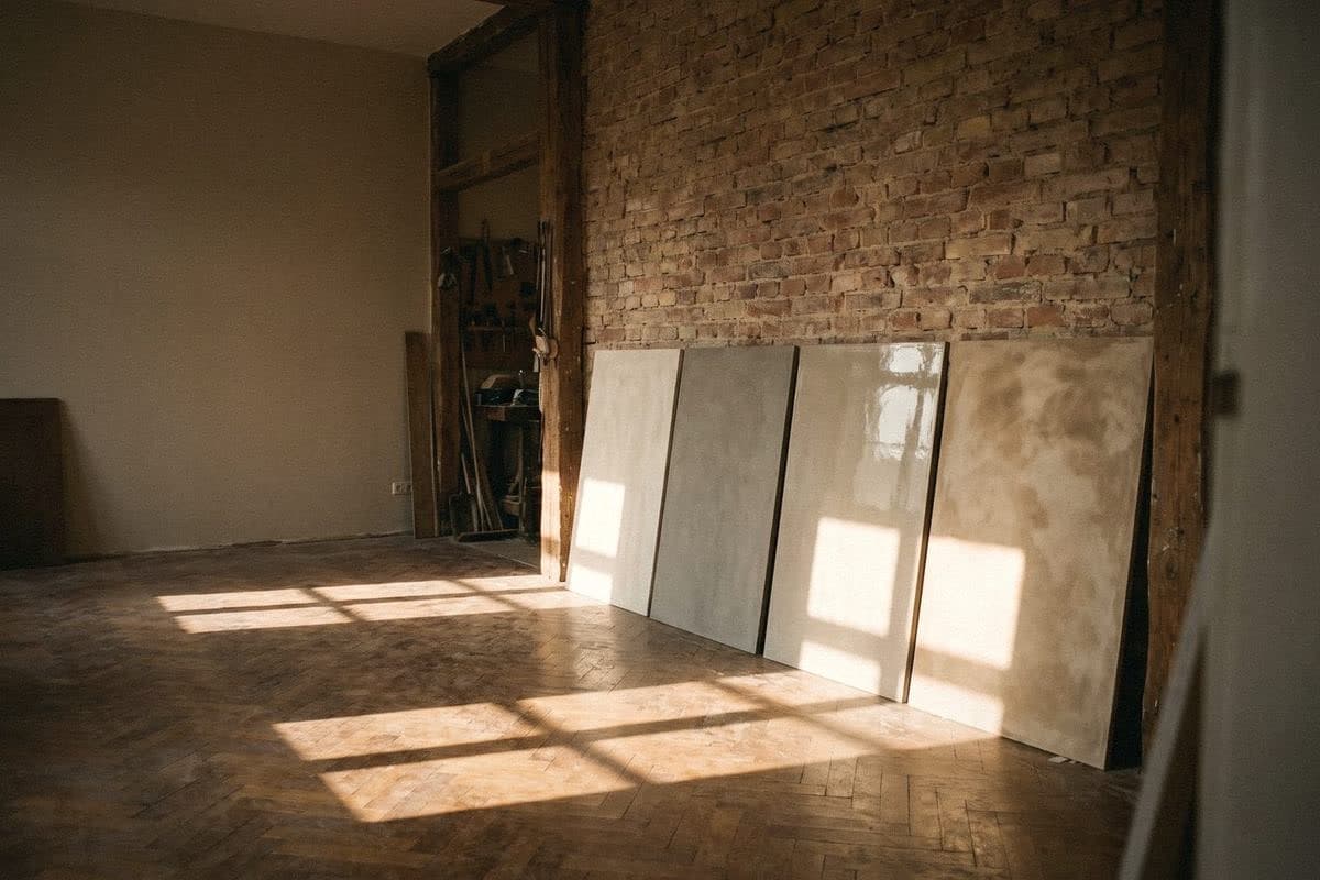 Four wall-finish sample panels against old brick, from smooth white and cement grey to glossy cream and mottled beige