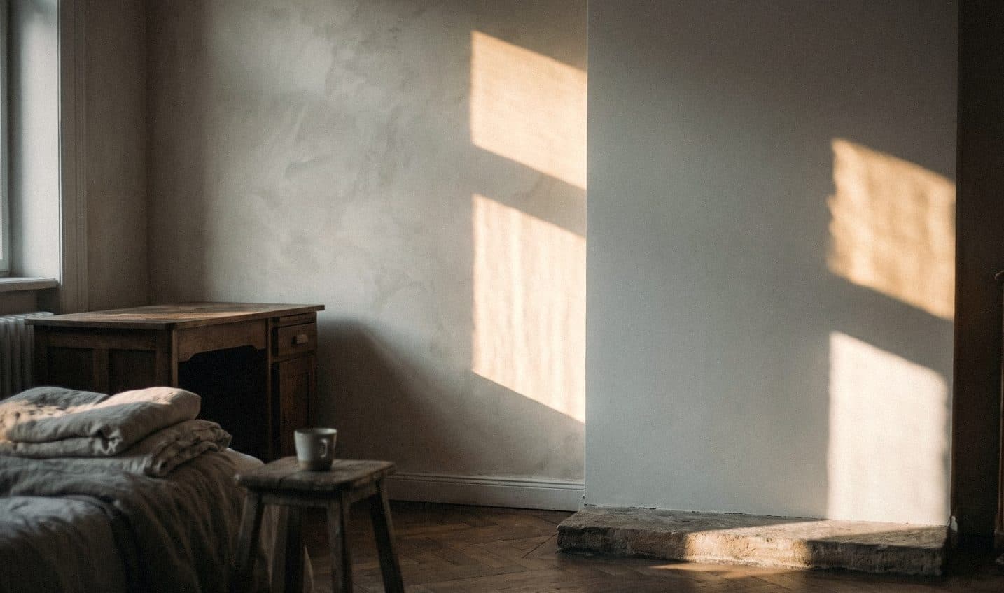 A room where a cloudy limewashed wall meets a smooth white painted wall, beside an old desk and a linen-covered bed