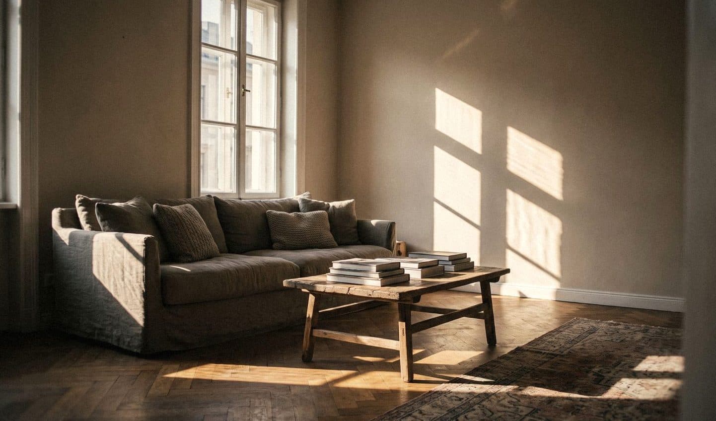 A living room with greige walls, a grey linen sofa and an old wooden table of books in low sun from a tall window
