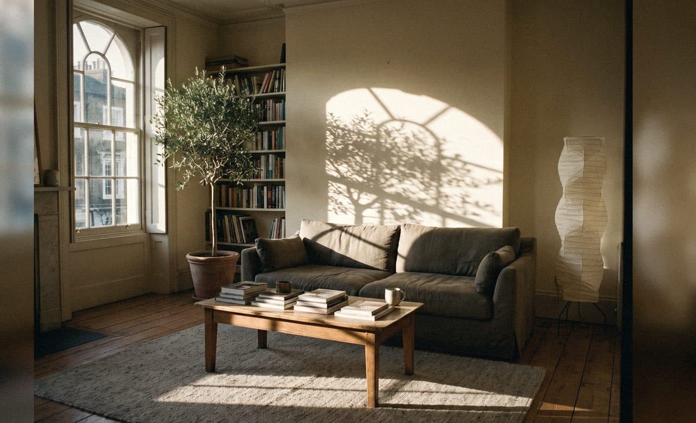 A living room with warm cream walls lit by an arched window, a bookcase, olive tree, fabric sofa and paper floor lamp.