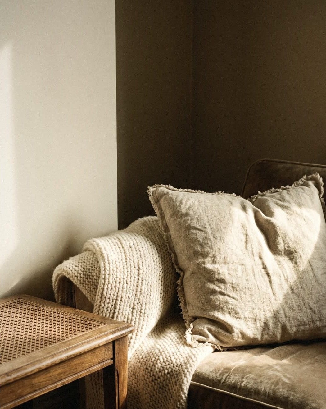 A sofa corner with a linen cushion, chunky knit throw and cane side table, between a soft white and a dark brown wall.