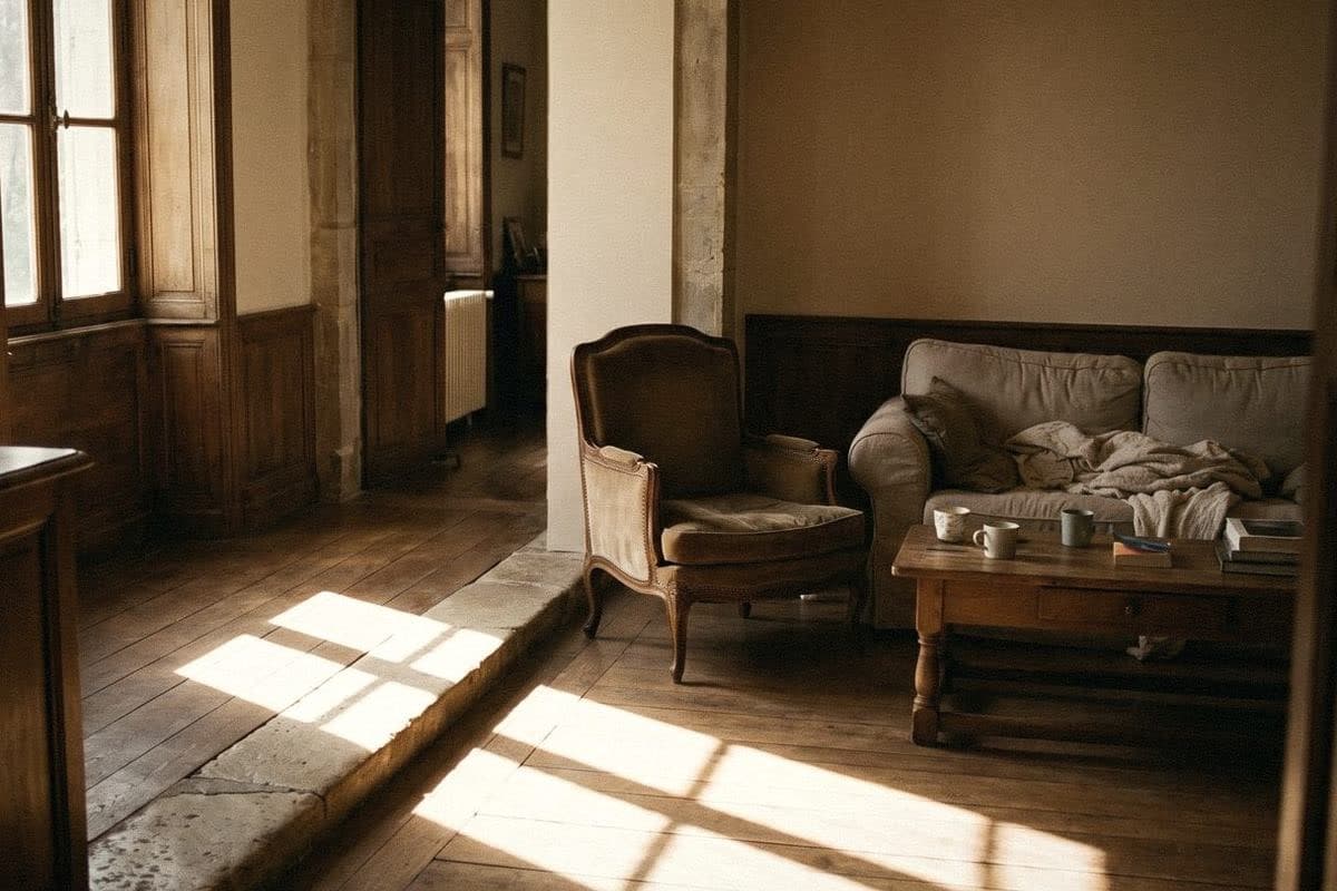 A wood-floored living room with a clear path from door to window, an armchair, fabric sofa and a coffee table with mugs.