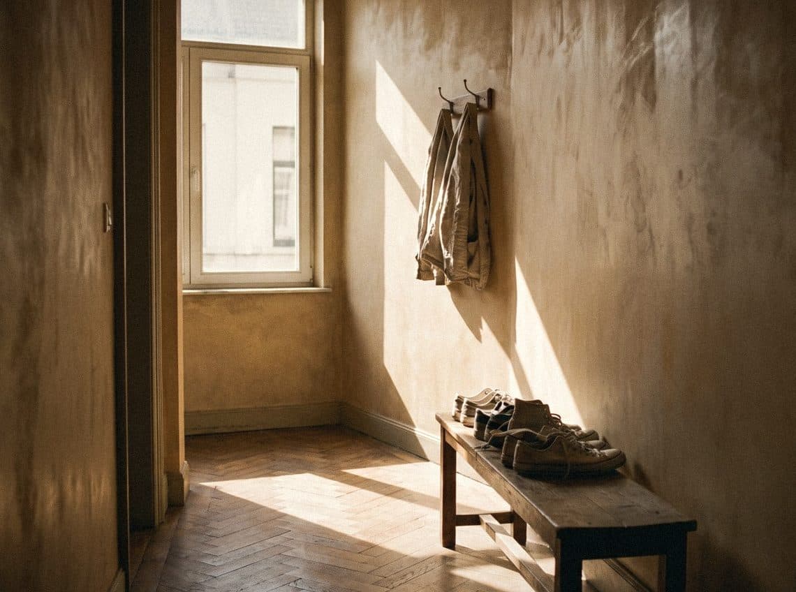 Entrance hall with golden-beige mottled walls in morning sun, jackets on wall hooks and shoes on a wooden bench