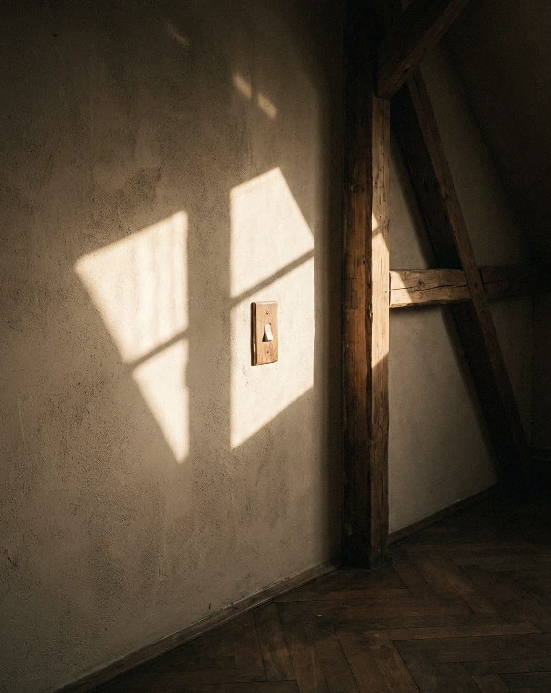 Warm grey softly textured attic wall beside timber beams, window light falling around a brass light switch