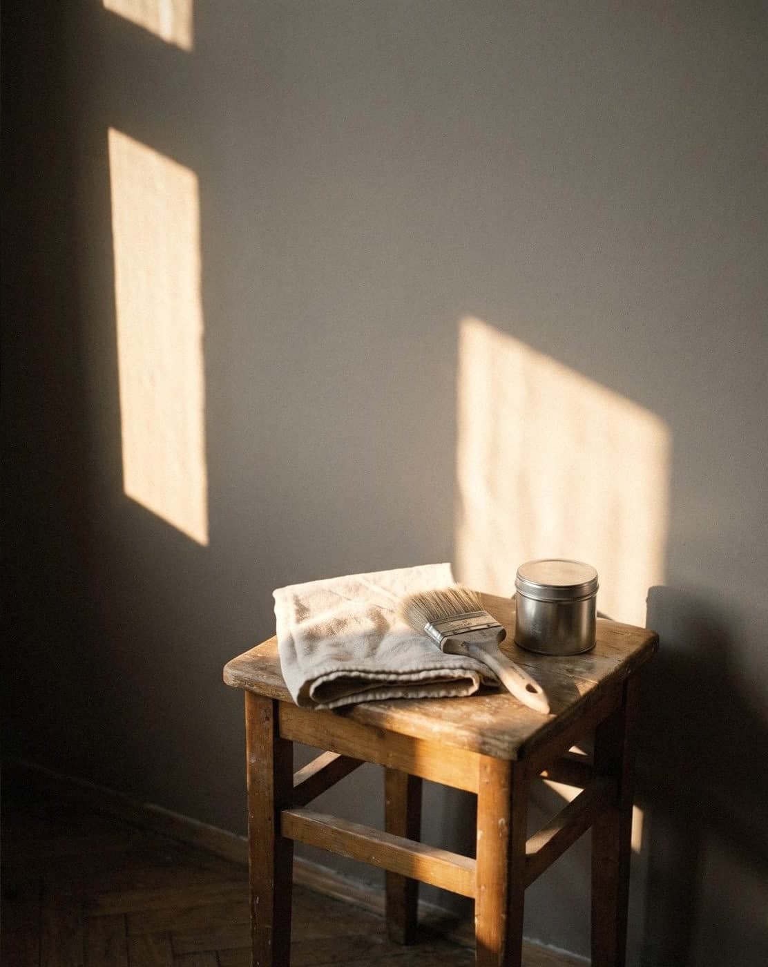 Old wooden stool with a folded cloth, paint brush and small metal tin against a matt mauve-grey wall in evening sun
