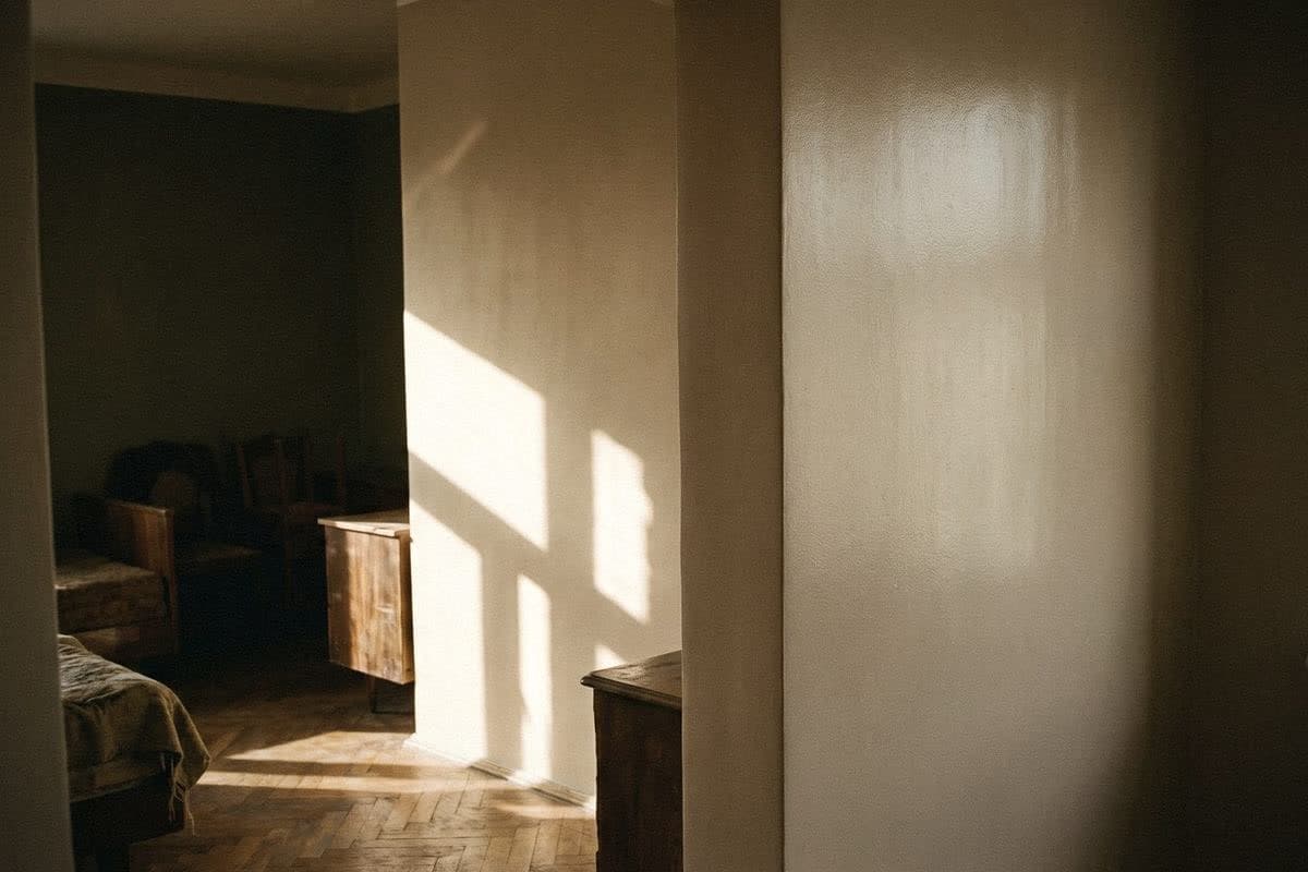 Smooth off-white wall with a soft sheen catching window light, a bedroom with wooden furniture through the doorway