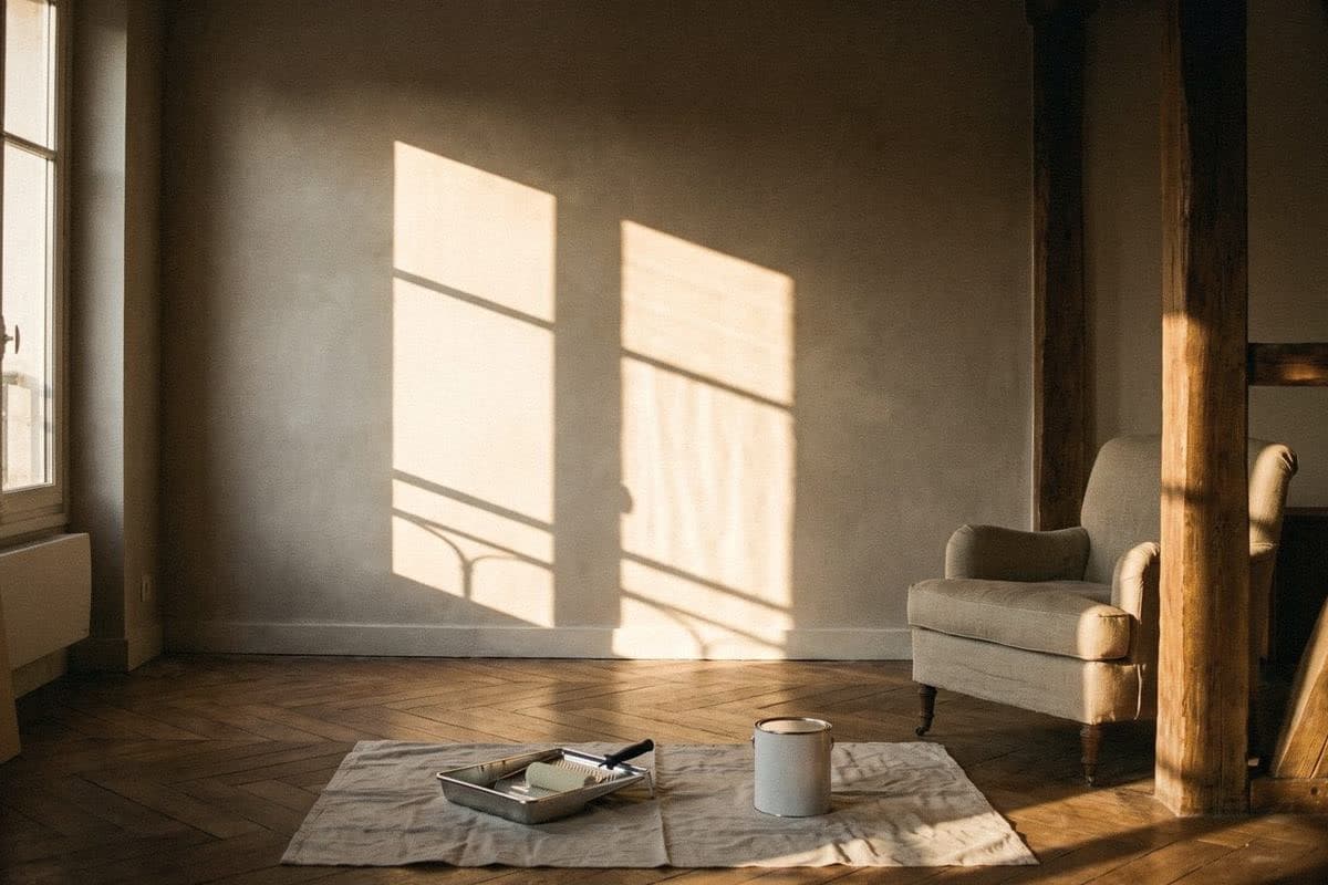 Warm grey softly mottled wall in a timber-beamed room, a roller tray and open tin on a drop cloth by an armchair