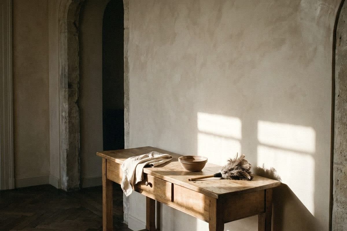 Softly mottled cream wall in late sun, an old wooden console with a cloth, wooden bowl and feather duster