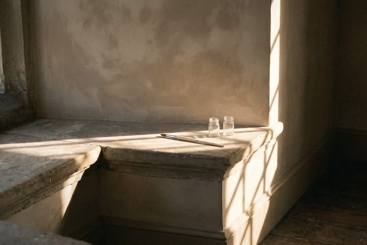 Deep stone window ledge before a mottled greige wall, with a fine brush and two small glass jars for touch-ups