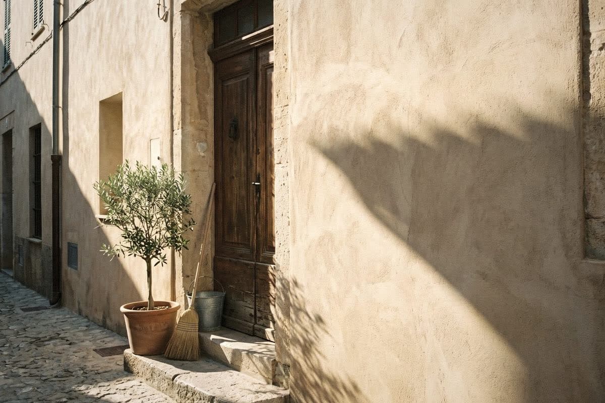 Street-side entrance with a rough sand-beige exterior wall, old timber door, potted olive tree, broom and bucket