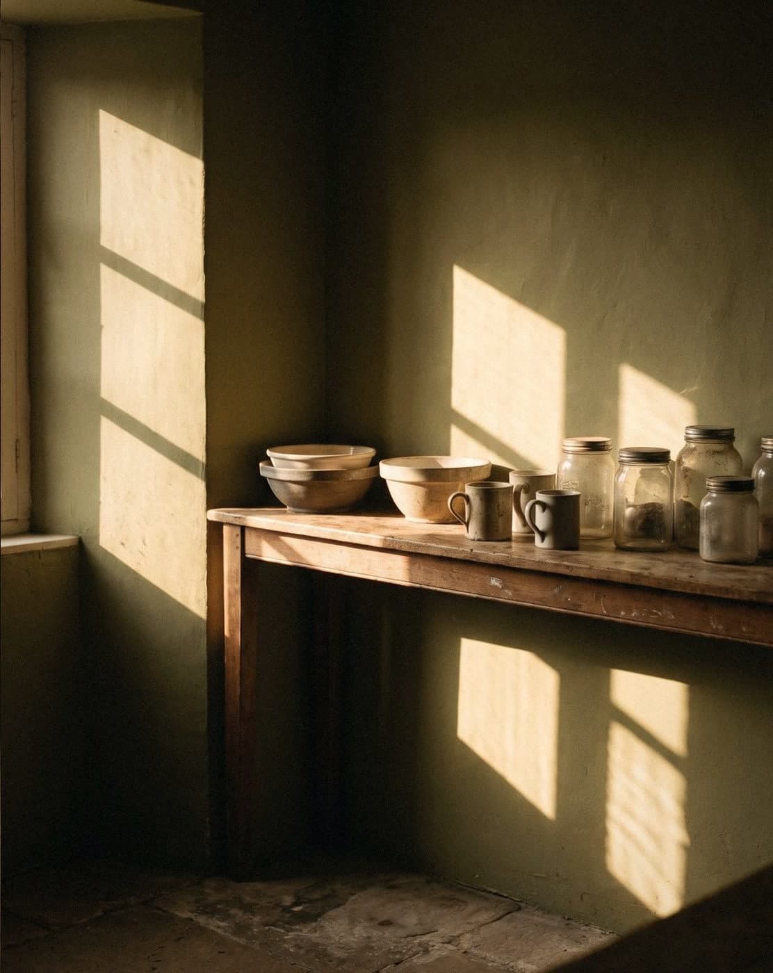 Long wooden shelf of ceramic bowls, mugs and glass jars against a muted olive-green wall striped with window light