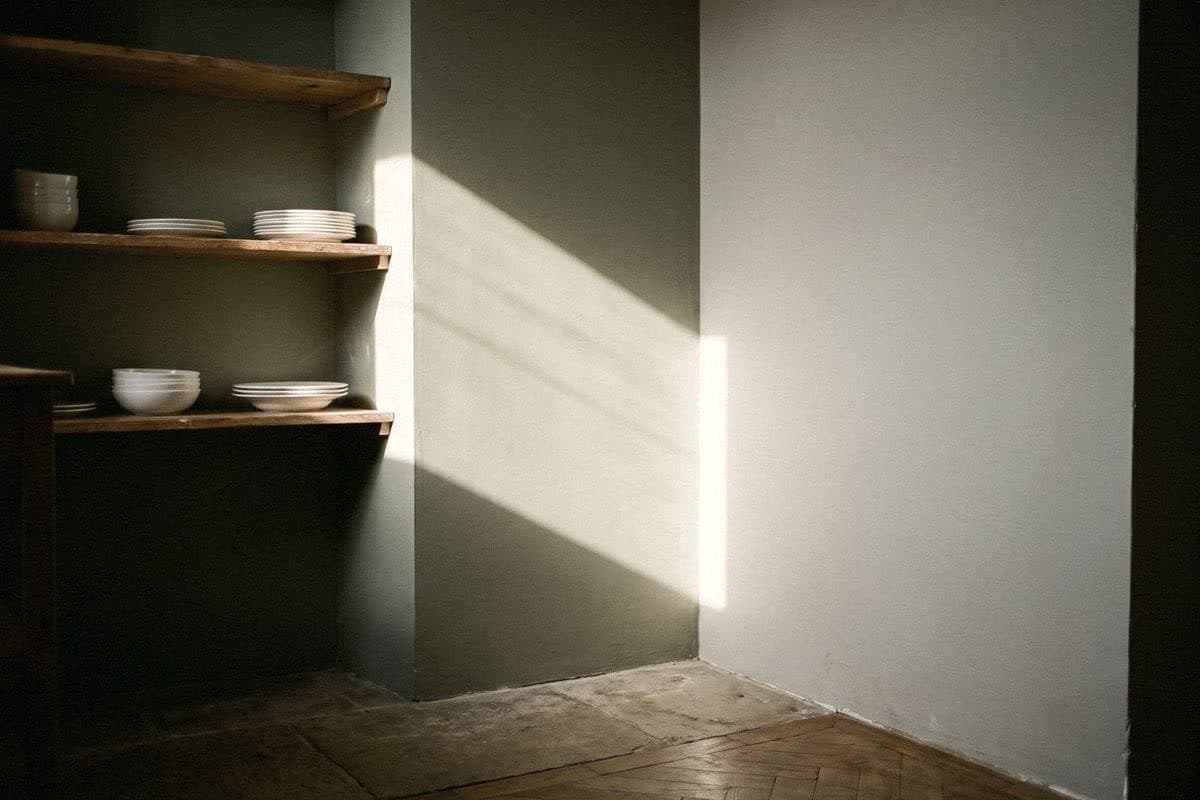 Kitchen corner where a muted grey-green wall meets a pale grey one, open wood shelves of white dishes in a recess