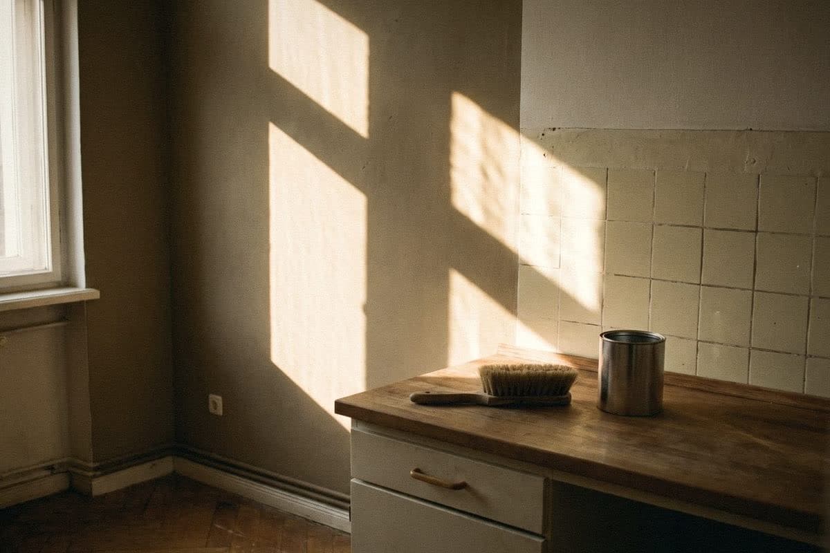Old cream square tiles on a kitchen wall, a paint brush and tin on the wooden counter, greige wall alongside