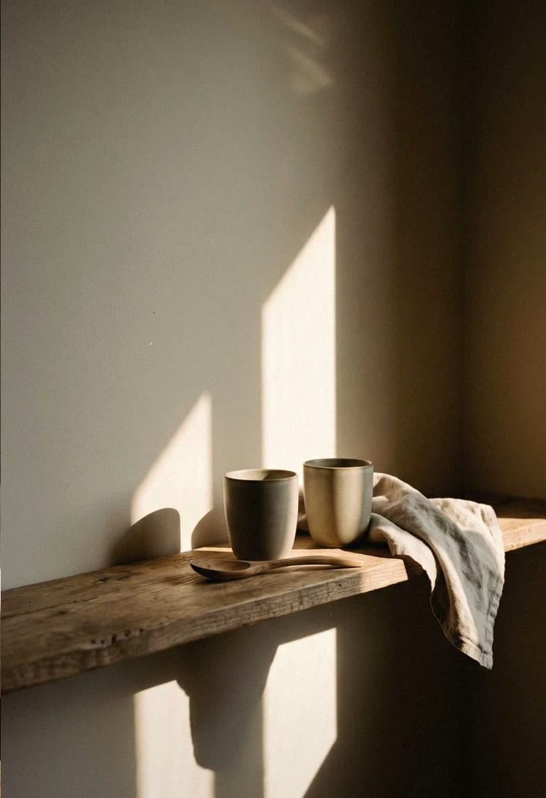 Two ceramic cups, a wooden spoon and a linen cloth on a rustic wooden shelf against a warm off-white wall