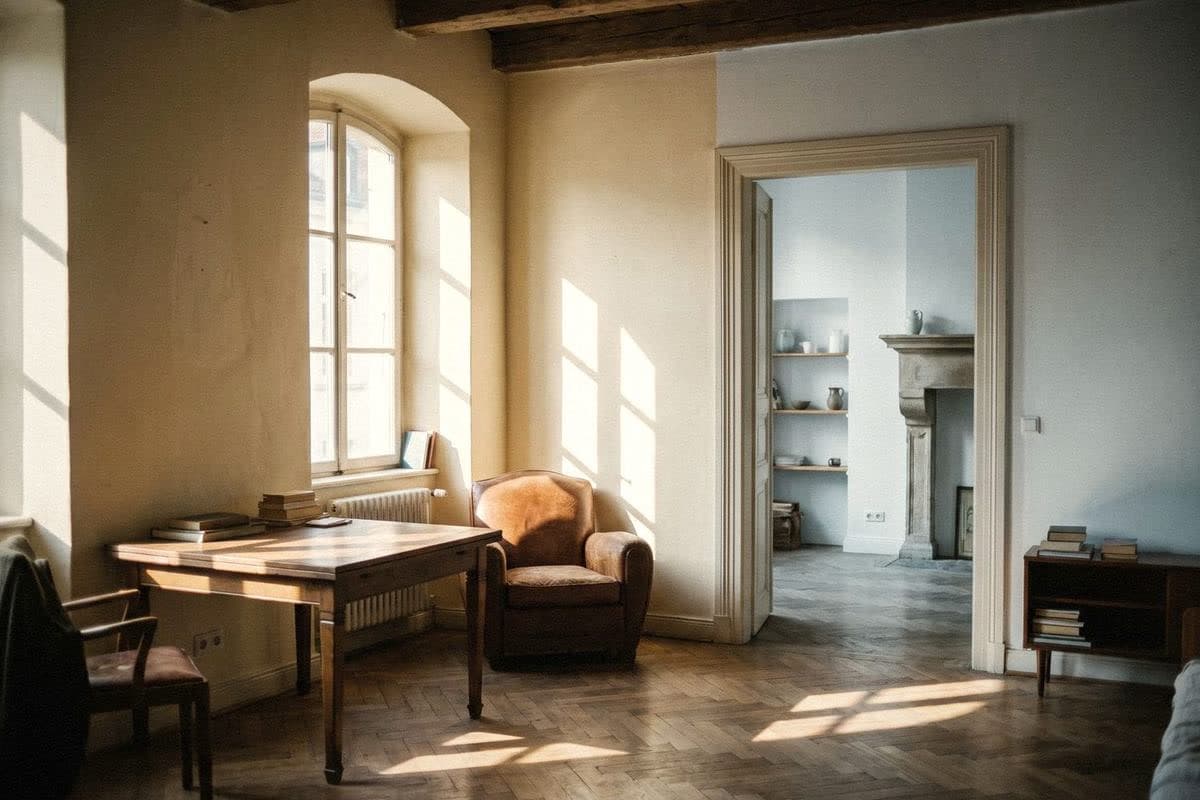 A sunlit study with warm cream walls, an arched window and a leather armchair, opening onto a cool white room