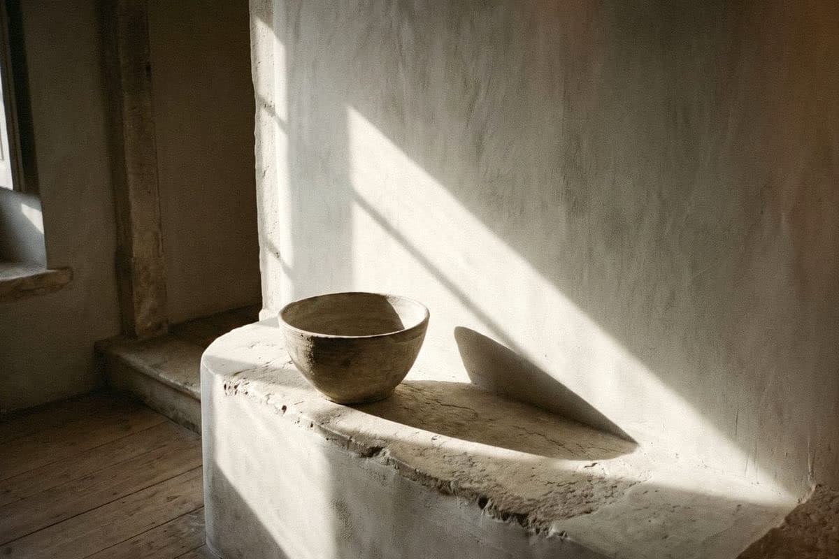 A clay bowl on a curved ledge of hand-finished off-white plaster, its texture picked out by low sun