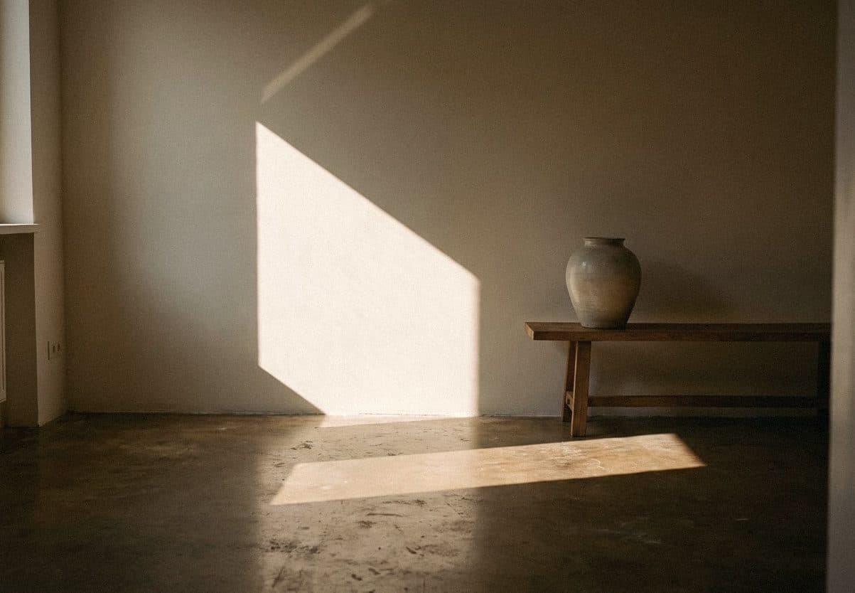 A bare warm grey wall with a slanting patch of sun, a rustic wooden bench and a stoneware jar on a concrete floor