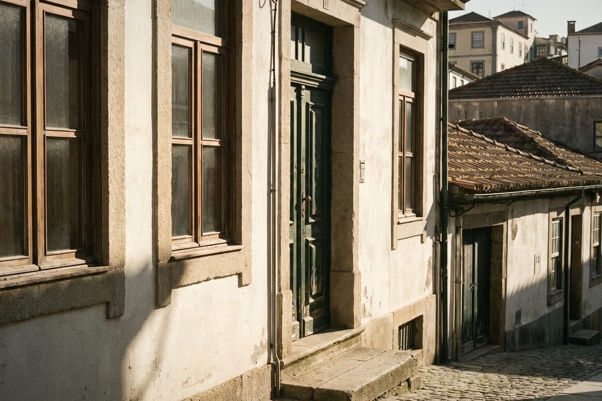 Sunlit row of off-white houses with stone-framed windows, a dark green door and a cobbled lane