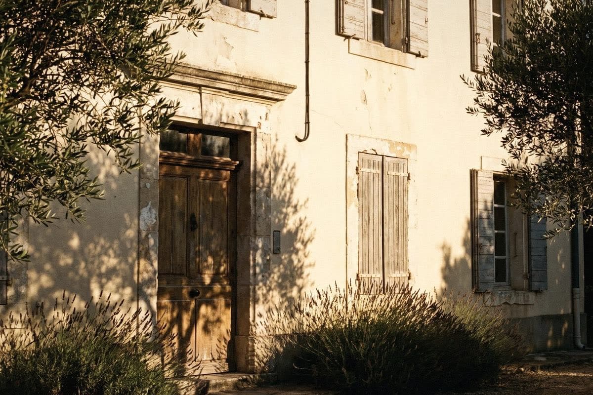 Cream rendered house front with a weathered wooden door, grey shutters, olive trees and lavender in evening sun