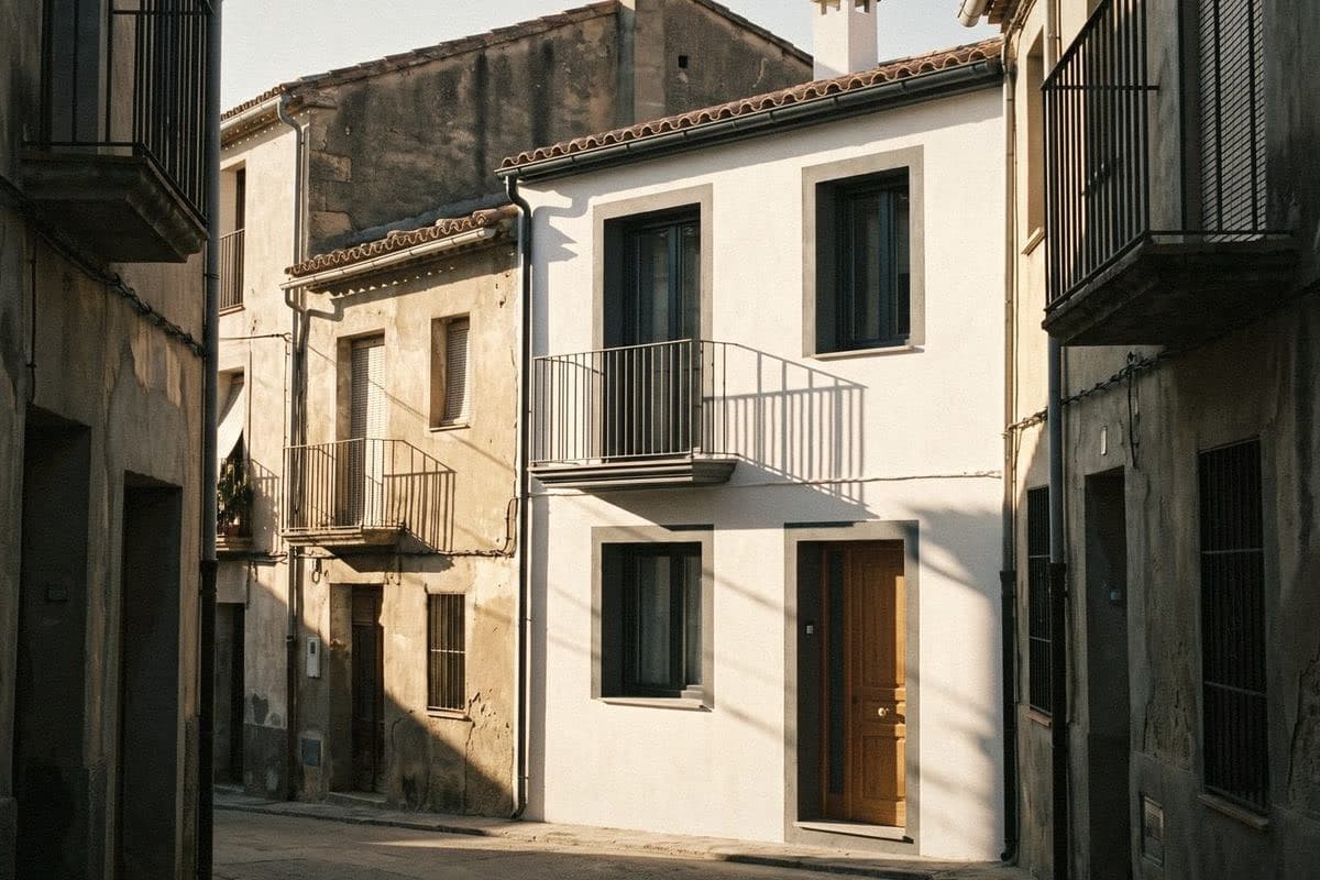 A white rendered townhouse with dark grey window surrounds, black balconies and a warm wooden front door