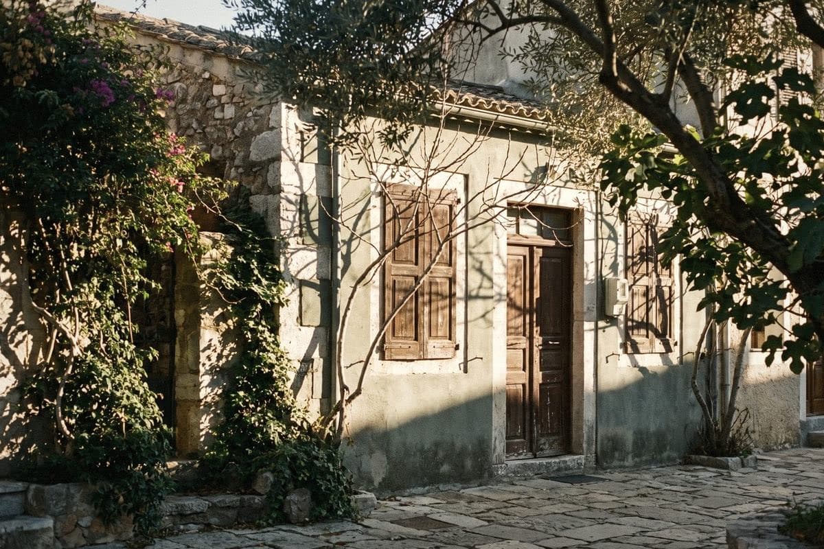 A pale sage green stone cottage with wooden shutters and door, framed by bougainvillea and a fig tree