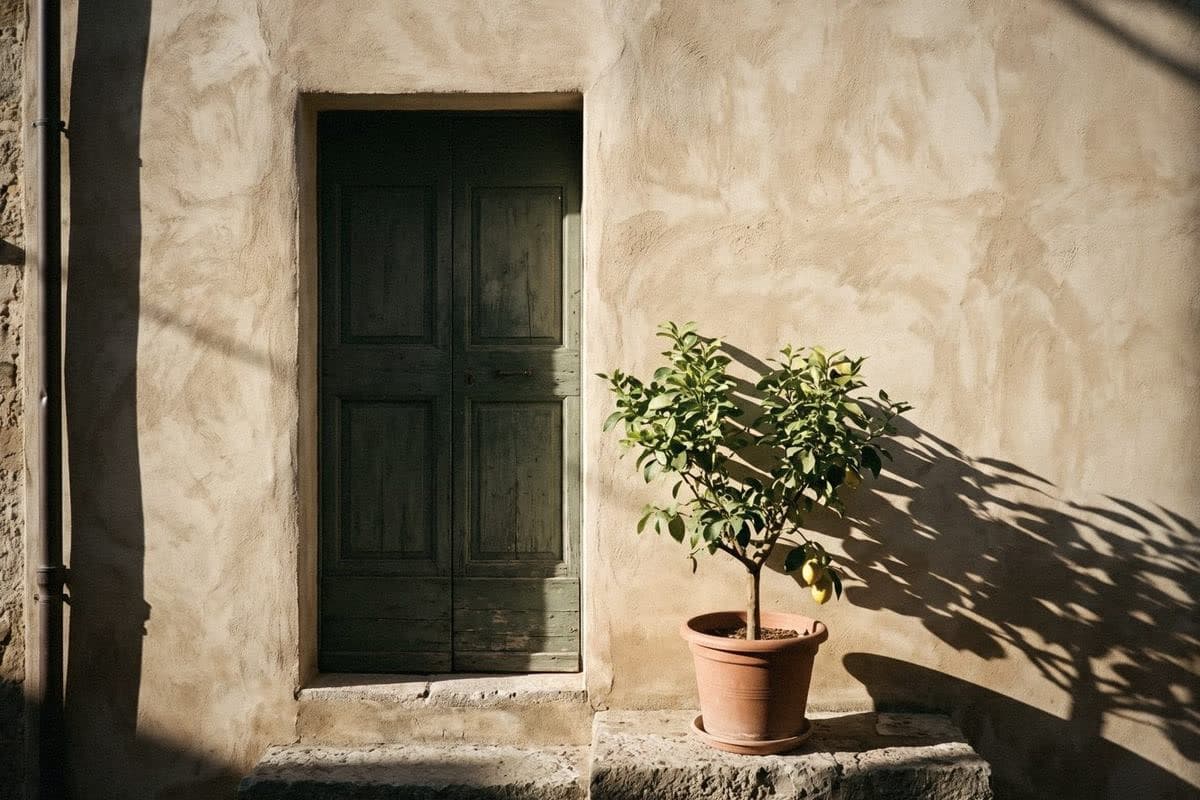 A cloudy warm beige mineral-textured exterior wall with a grey-green wooden door and a potted lemon tree