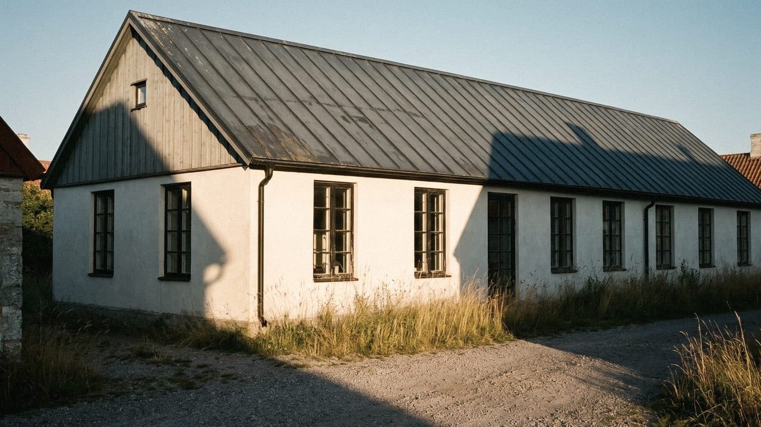 A long white rendered house with a steep dark metal gable roof, grey timber-clad gable and black-framed windows