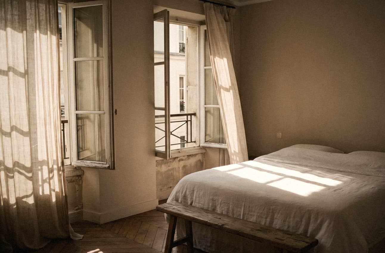 A pale beige bedroom with two tall windows thrown open, linen curtains stirring and sun across white bedding