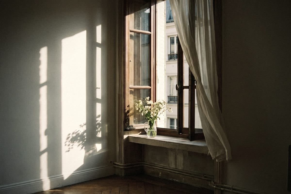 An empty room with soft white walls, a casement window open beside a vase of white flowers, sun on the wall