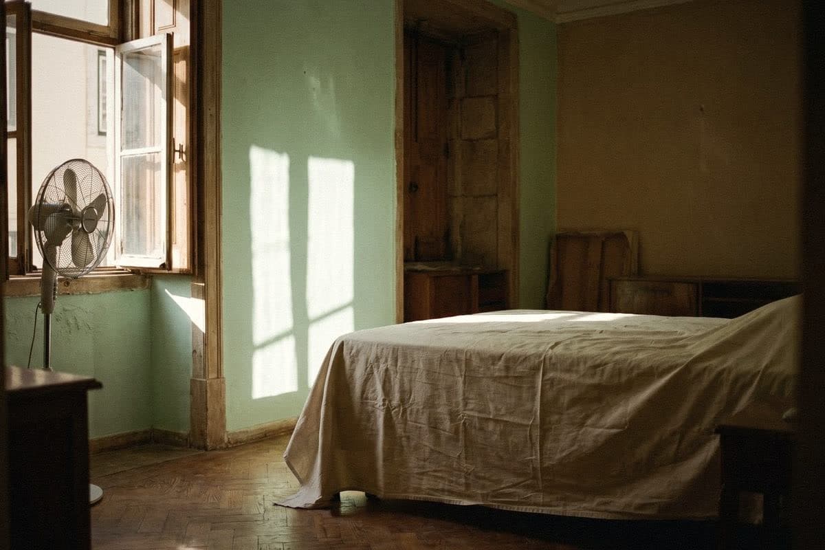 A bedroom with pale mint-green walls, a fan by the open window and the bed covered with a dust sheet