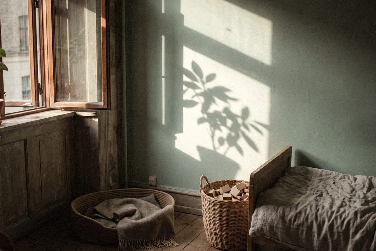 A child's room with a sage-green wall, an open window, a pet bed, a basket of wooden blocks and a small bed