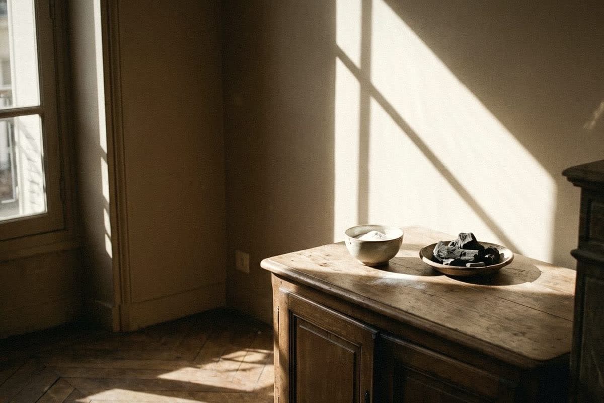 A bowl of baking soda and a dish of charcoal on a wooden sideboard in a sunny beige room
