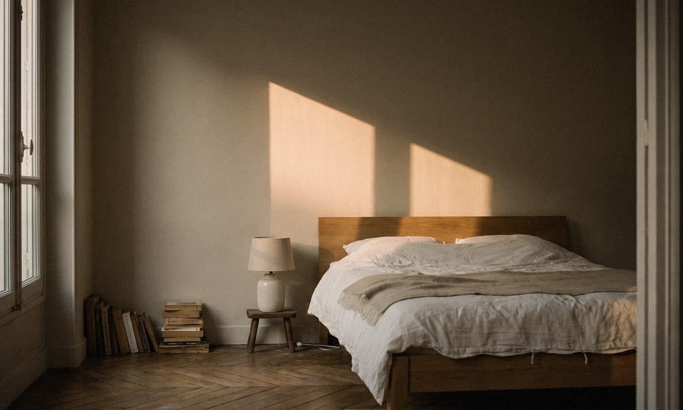 A bedroom with warm greige walls, a wooden bed in white linen and a ceramic lamp on a stool, evening sun on the wall